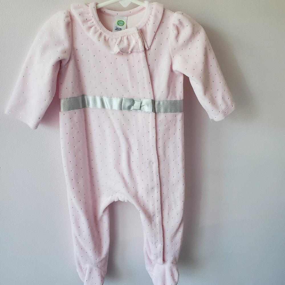 Little Me Pink Baby One Piece With Silver Bow & Sparkley Dots Sz 9M Preppy Cozy
